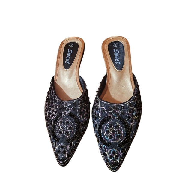 Sweet Kitten Heel Pointed Toe Slip On Mules Black Multicolored Beads Size 7 - Picture 2 of 8